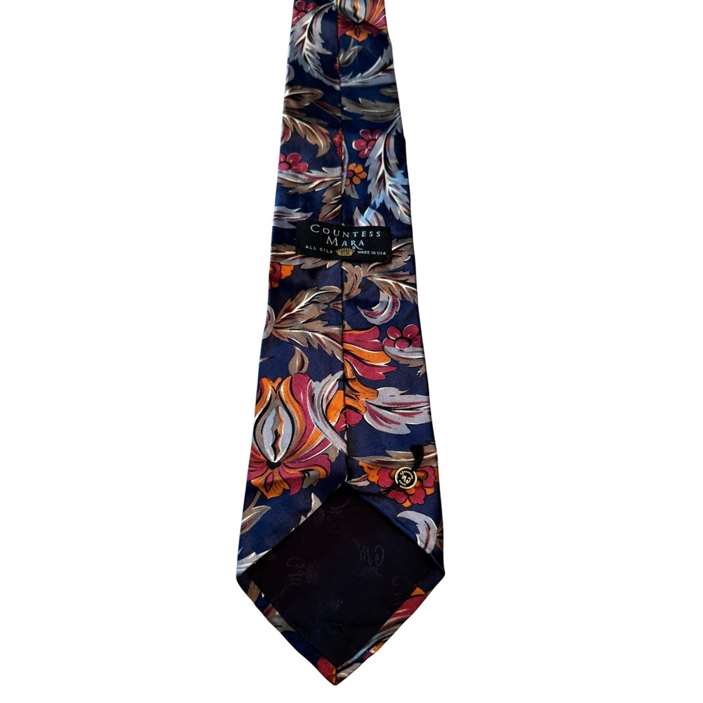 Countess Mara Mens Silk Tie Blue Floral Botanical Pattern Made in USA Vintage